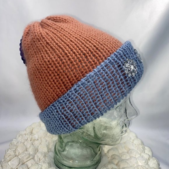 Plasma Beams Hand Knitted Mauve & Blue Daisy Beanie main image 14